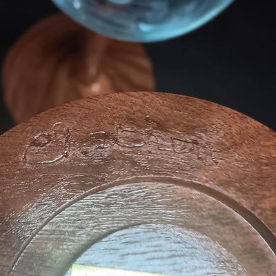 9" WINE GLASSES, EACH WITH DIFFERENT TYPE OF WOODEN STEMS, HANDMADE BY JERRY ERTLE OF FT COLLINS, CO