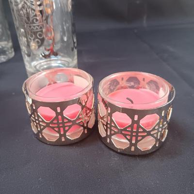 SEET OF MID-CENTURY KIMIKO SILVER KNIGHT SHIELD HIGHBALL GLASSES AND 4 METAL CANDLE HOLDERS