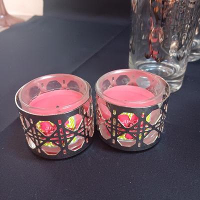 SEET OF MID-CENTURY KIMIKO SILVER KNIGHT SHIELD HIGHBALL GLASSES AND 4 METAL CANDLE HOLDERS