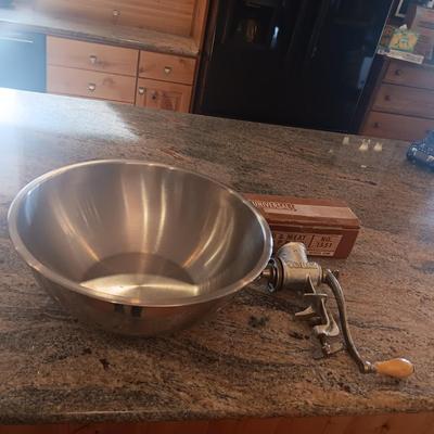 NICE 16" STAINLESS STEEL BOWL AND A UNIVERSAL FOOD AND MEAT CHOPPER NO 1551