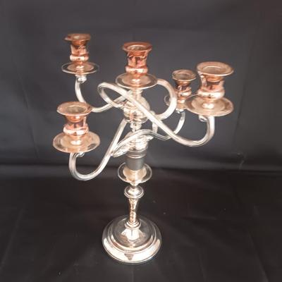 HOLLYWOOD REGENCY-STYLE FIVE ARM CONVERTIBLE CANDELABRA IN SILVER AND COPPER FINISH