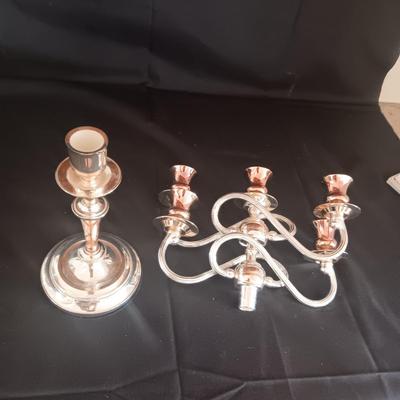 HOLLYWOOD REGENCY-STYLE FIVE ARM CONVERTIBLE CANDELABRA IN SILVER AND COPPER FINISH