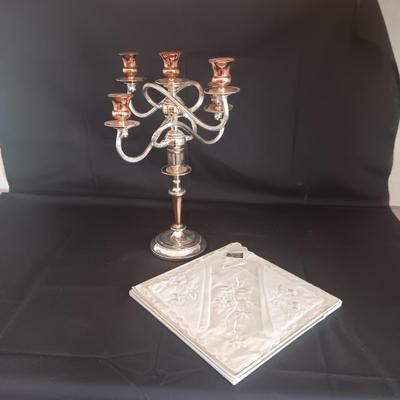 HOLLYWOOD REGENCY-STYLE FIVE ARM CONVERTIBLE CANDELABRA IN SILVER AND COPPER FINISH