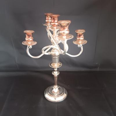 HOLLYWOOD REGENCY-STYLE FIVE ARM CONVERTIBLE CANDELABRA IN SILVER AND COPPER FINISH