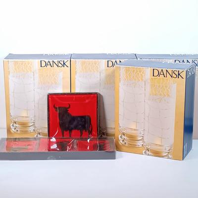 LOT 37: Javier Osborne Bull Glass Plates with Dansk Tea Light / Hurricane Votive Sets