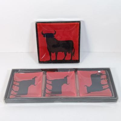 LOT 37: Javier Osborne Bull Glass Plates with Dansk Tea Light / Hurricane Votive Sets