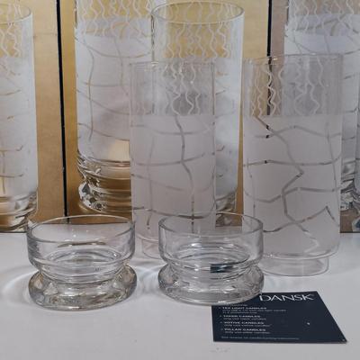 LOT 37: Javier Osborne Bull Glass Plates with Dansk Tea Light / Hurricane Votive Sets