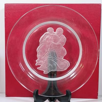 LOT 43: Byers Choice Child with Cookies, Danbury Mint Holy Family Crystal Plate, Zwiesel Germany Clear Candlestick Vases & Santa...