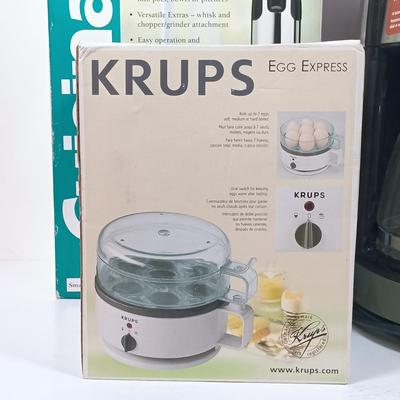 LOT 45: New/Old Stock OXO Batter Dispenser, Krups Egg Express, Cuisinart Smart Stick Hand Blender with KitchenAid Architect Coffee Maker