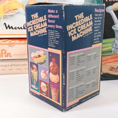 LOT 47: Vintage Kitchen - Barnyard Cookie Cutters, The Incredible Ice Cream Machine, Moulimex Julienne & More