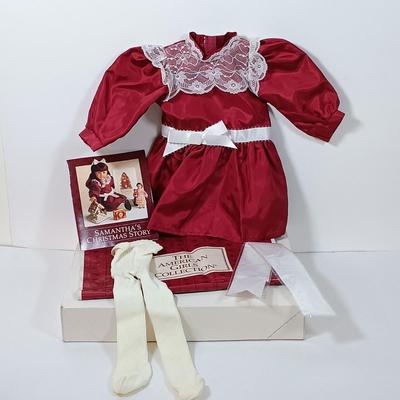 LOT 48: American Girls Samantha's Christmas Story Dress, Stockings & Ribbon with Samantha's Velvet Hat, Gold Brooch, Purse...