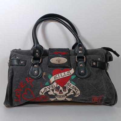 LOT 49: Ed Hardy Love Kills Slowly Shoulder Bag with Las Vegas Embroidered Purse