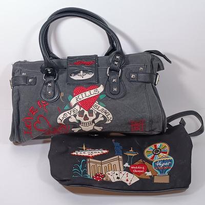 LOT 49: Ed Hardy Love Kills Slowly Shoulder Bag with Las Vegas Embroidered Purse
