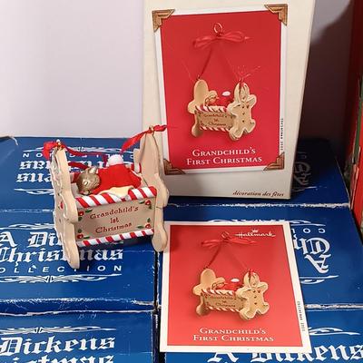 LOT 52: Vintage Munson Masterpiece Christmas Greeting Cards, Hallmark Mickey's Merry Carousel Ornament, A Dickens Christmas Cottages...