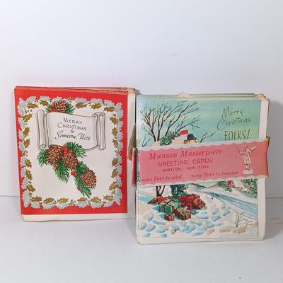 LOT 52: Vintage Munson Masterpiece Christmas Greeting Cards, Hallmark Mickey's Merry Carousel Ornament, A Dickens Christmas Cottages...