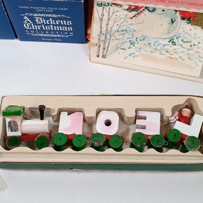 LOT 52: Vintage Munson Masterpiece Christmas Greeting Cards, Hallmark Mickey's Merry Carousel Ornament, A Dickens Christmas Cottages...
