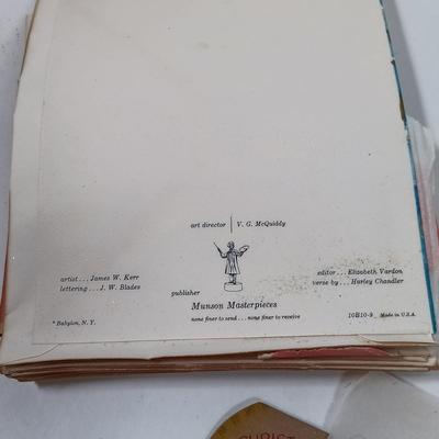 LOT 52: Vintage Munson Masterpiece Christmas Greeting Cards, Hallmark Mickey's Merry Carousel Ornament, A Dickens Christmas Cottages...