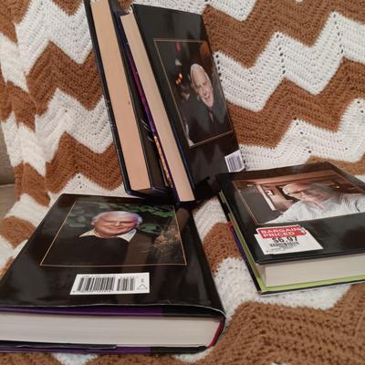 LOT 54: Collection of Stuart Wood and Sharon Kay Penman Hardback Novels with a Large Crocheted Throw Blanket