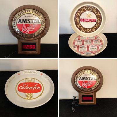 LOT 62: Vintage Amstel Light Digital Wall Clock with Beer Trays (Budweiser, Schaefer and Kaier's) and Budweiser Playing Cards