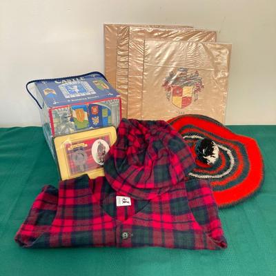 LOT 66: L. H. Kemper Code of Arms / Family Crest Artwork, Scottish Wool Golf Hats, Therese Children's Vest / Hat, WJ Family Castle...