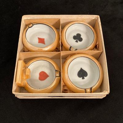 LOT 67: Vintage Japan Lusterware Ashtrays / Four Suit China Trinket Dishes, S. Anargyros Murad Turkish Cigarettes Box and Matches