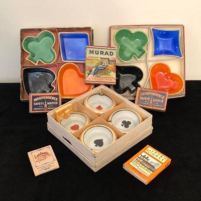 LOT 67: Vintage Japan Lusterware Ashtrays / Four Suit China Trinket Dishes, S. Anargyros Murad Turkish Cigarettes Box and Matches