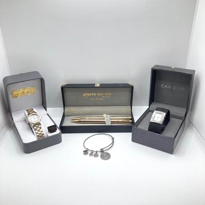 LOT 69: Watches with Original Boxes (Carolee Swiss Cuff Bracelet and Benrus Quartz), Pierre Cardin Pen / Pencil Set and Alex and Ani...