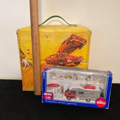 LOT 72: Vintage Motorific Race Rally Carrying Case and Siku 1934 Wohnmobil Hymer Caravan / Camping Car in Original Package