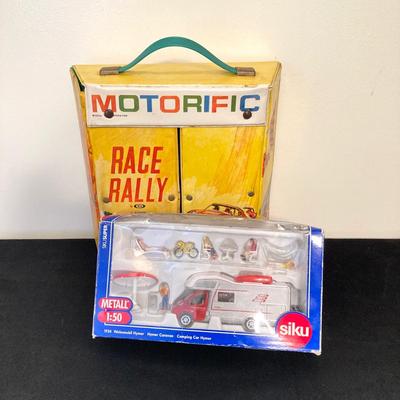 LOT 72: Vintage Motorific Race Rally Carrying Case and Siku 1934 Wohnmobil Hymer Caravan / Camping Car in Original Package