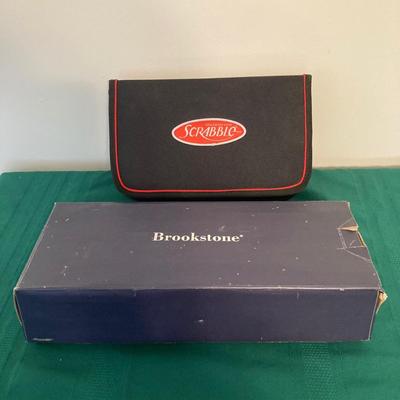 LOT 75: Vintage Games - 12 in 1 Wood Game Center, Scabble, Brookstone Bowling and Scrabble Flash