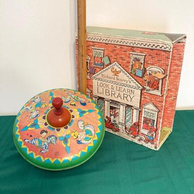 LOT 77: Richard Scarry's Look and Learn Library Book Set and J. Chein & Co. Made in U.S.A. Toy Tin Top