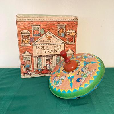 LOT 77: Richard Scarry's Look and Learn Library Book Set and J. Chein & Co. Made in U.S.A. Toy Tin Top