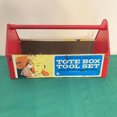 LOT 79: Vintage Toys and Games - Playskool Bristle Blocks with Wheels, New York Toy Corp Just Like Dad's Tool Box, Matchbox Hero...