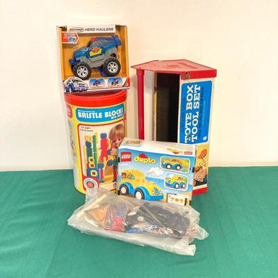 LOT 79: Vintage Toys and Games - Playskool Bristle Blocks with Wheels, New York Toy Corp Just Like Dad's Tool Box, Matchbox Hero...