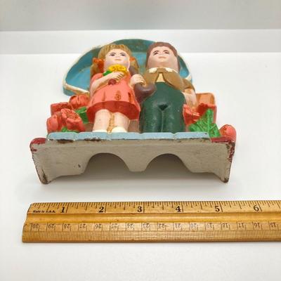 LOT 80: Vintage 1993 W.A. Cast Iron Boy and Girl Under Umbrella with Flowers (Made in China)