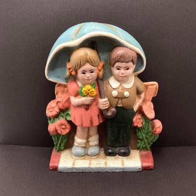 LOT 80: Vintage 1993 W.A. Cast Iron Boy and Girl Under Umbrella with Flowers (Made in China)
