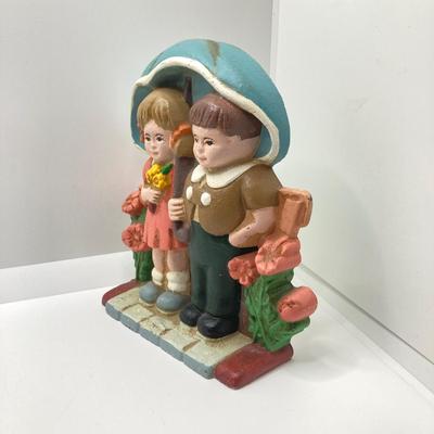 LOT 80: Vintage 1993 W.A. Cast Iron Boy and Girl Under Umbrella with Flowers (Made in China)