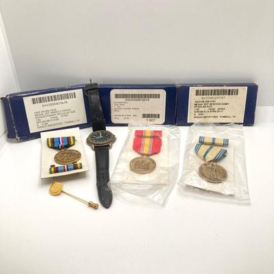LOT 81: Seiko Quartz Watch, Three Military Medals / Ribbon with Boxes with Original Boxes and Stick Pin