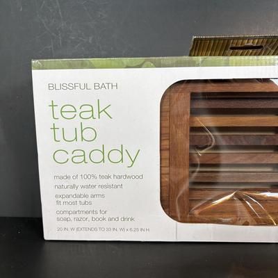 LOT 84: NIP Teak Tub Caddy, Skincare Options PHF-PH-1 Beaty Treatment/Light & What a Relief Infrared Heat Massager