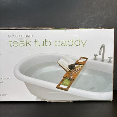 LOT 84: NIP Teak Tub Caddy, Skincare Options PHF-PH-1 Beaty Treatment/Light & What a Relief Infrared Heat Massager