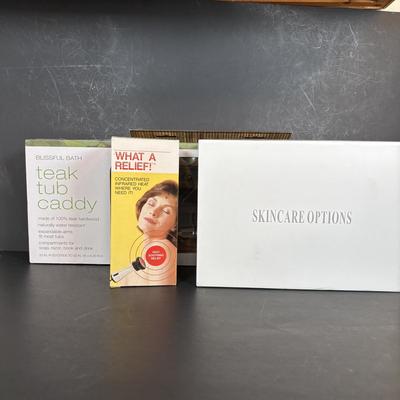 LOT 84: NIP Teak Tub Caddy, Skincare Options PHF-PH-1 Beaty Treatment/Light & What a Relief Infrared Heat Massager