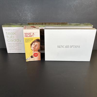 LOT 84: NIP Teak Tub Caddy, Skincare Options PHF-PH-1 Beaty Treatment/Light & What a Relief Infrared Heat Massager