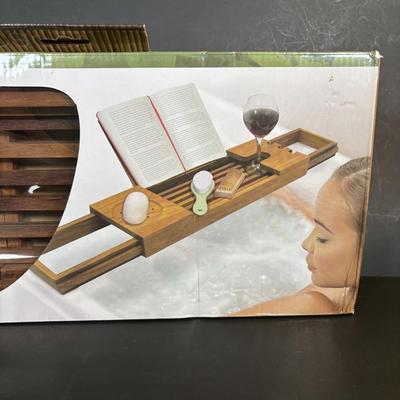 LOT 84: NIP Teak Tub Caddy, Skincare Options PHF-PH-1 Beaty Treatment/Light & What a Relief Infrared Heat Massager