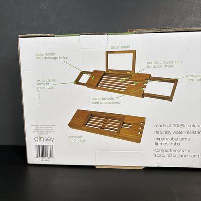 LOT 84: NIP Teak Tub Caddy, Skincare Options PHF-PH-1 Beaty Treatment/Light & What a Relief Infrared Heat Massager