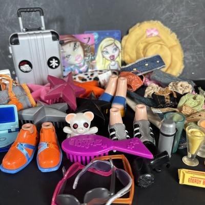 LOT 92: Bratz Doll Accessories: Shoes, Clothing, Trading Cards, Sunglasses, Brushes and More