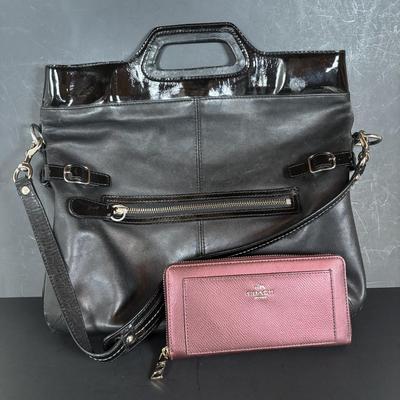 LOT 94: Coach Leather Fold-over Tote Shoulder Bag Model M0873-13380 along with a Coach Lather Zip Accordion Wallet