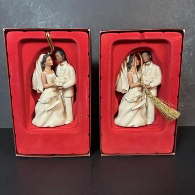 LOT 96: Lenox Lamb Easter Egg, Bride/Groom Ornaments, Just the Right Shoe Collectibles, Vintage Bride/Groom Toasting Glasses, Mikasa...