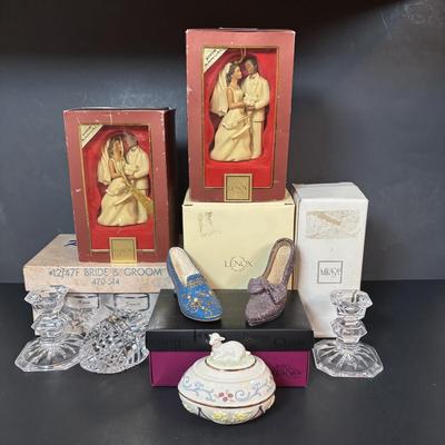 LOT 96: Lenox Lamb Easter Egg, Bride/Groom Ornaments, Just the Right Shoe Collectibles, Vintage Bride/Groom Toasting Glasses, Mikasa...