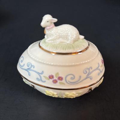 LOT 96: Lenox Lamb Easter Egg, Bride/Groom Ornaments, Just the Right Shoe Collectibles, Vintage Bride/Groom Toasting Glasses, Mikasa...