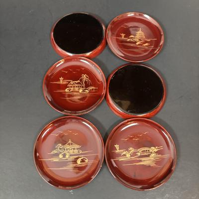 LOT 99: Vintage Hand Painted Lacquer Coaster Set along with Framed & Boxed Chinese Papercut Artwork